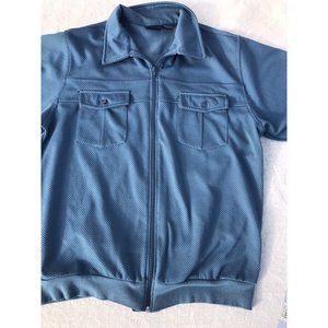 Vtg 80s 90s John Blair Full Zip Jacket Shirt Mens L Blue Short Sleeve Polyester